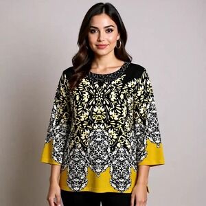 JM Collection Petite Yellow Black Damask Beaded Neck‎ 3/4 Sleeve Top PM